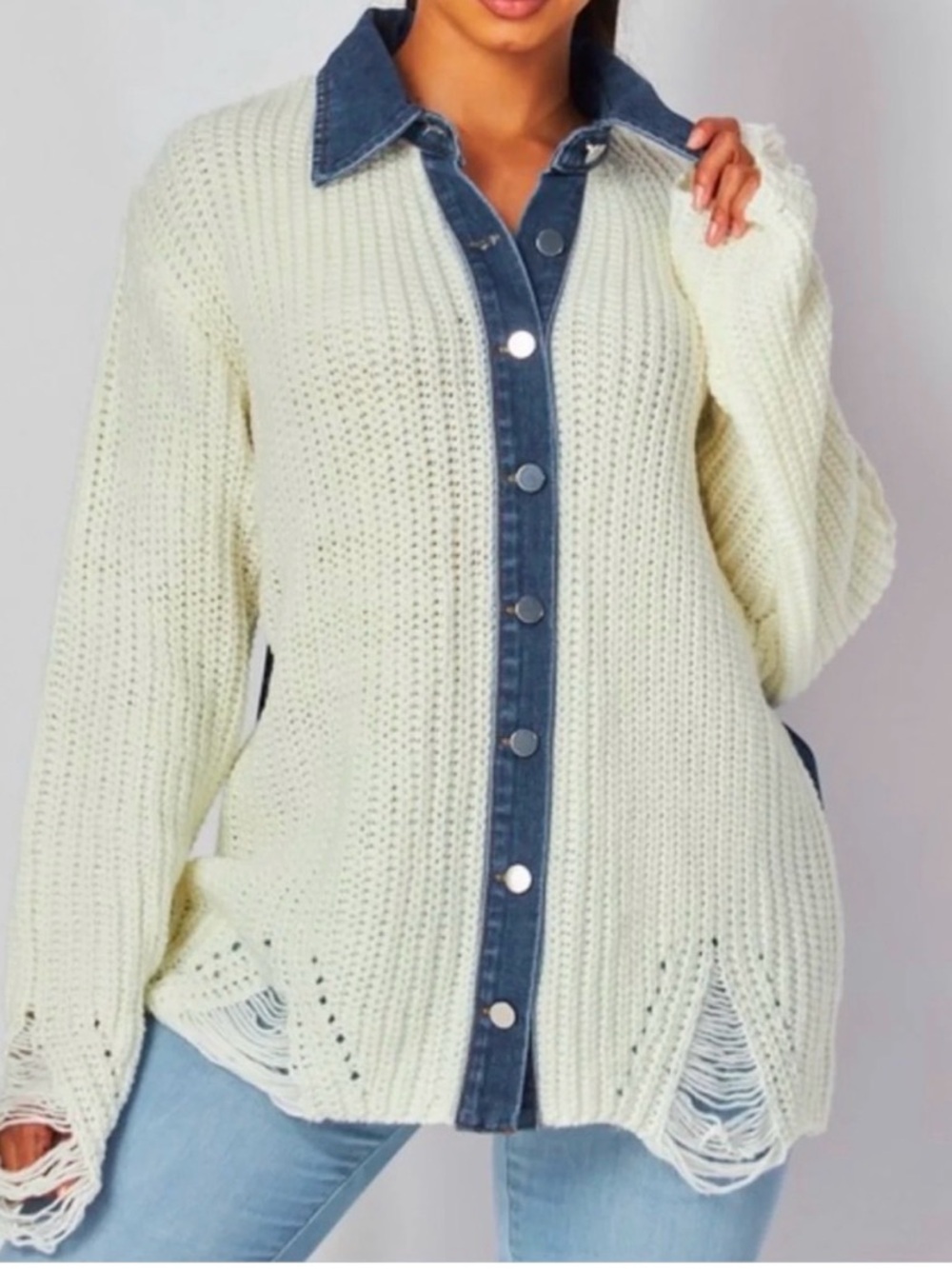 Woven Knit Button-Front Denim Jacket